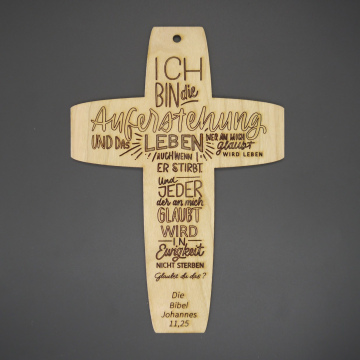 Kreuz "Johannes 11,25" Vollholz Kirsche