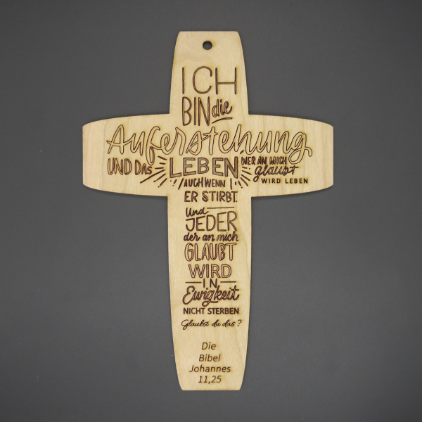 Kreuz "Johannes 11,25" Vollholz Kirsche